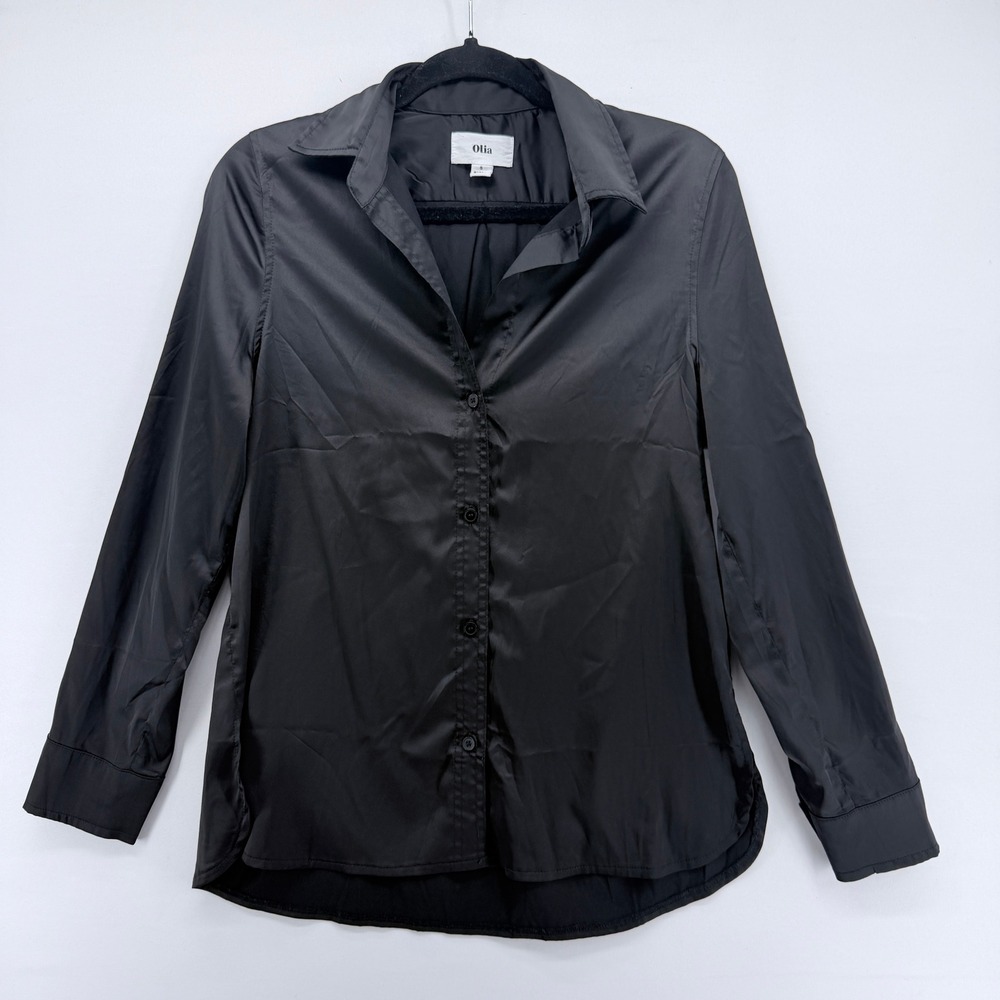 Olia Womens Black Satin Button Down Shirt Long Sleeve Blouse‎ Size S